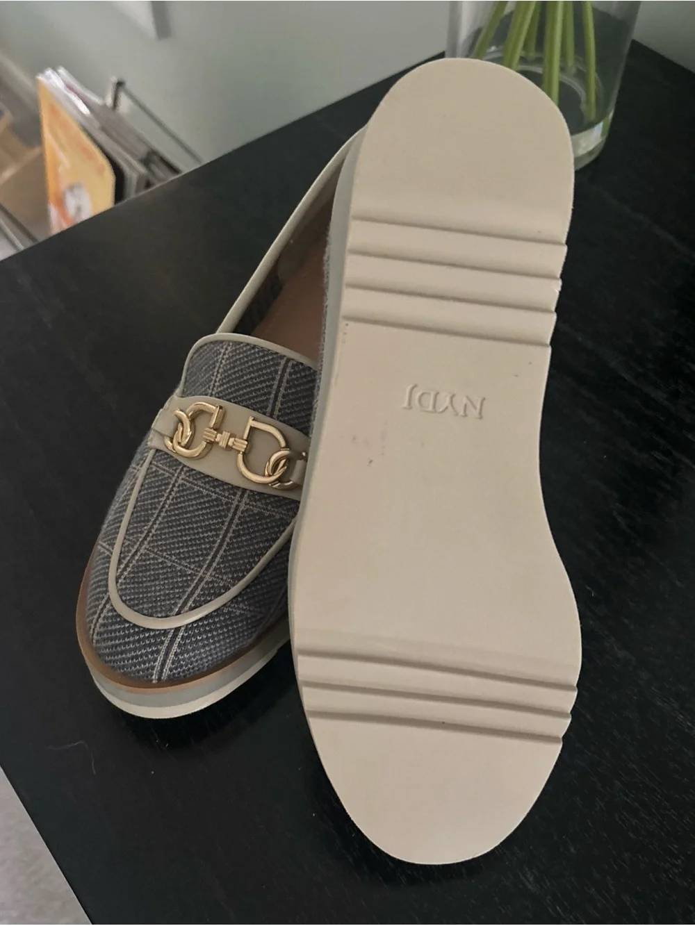 NYDJ Plaid Wedge Loafers in Gray and Cream with Gold Accent New Size 6 1/2 M